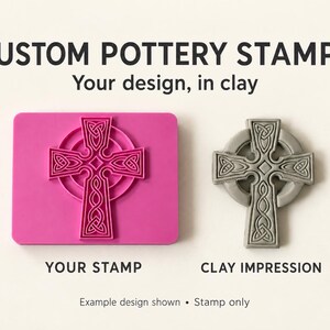May include: A rectangular pink pottery stamp featuring a raised Celtic cross design, positioned next to a grey clay impression of the same cross. Text reads: CUSTOM POTTERY STAMPS, Your design, in clay, YOUR STAMP, CLAY IMPRESSION, Example design shown • Stamp only.