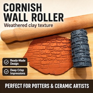 May include: A dark grey cylindrical clay roller with a brick pattern, a wooden rolling pin, and a piece of terracotta-coloured clay featuring a stamped brick texture. Text reads: CORNISH WALL ROLLER, Weathered clay texture, Ready-Made Design, Deep Crisp Impressions, PERFECT FOR POTTERS & CERAMIC ARTISTS.
