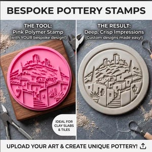 May include: A round pink polymer pottery stamp featuring a detailed landscape design of a hillside village with buildings and trees, shown alongside a grey clay disc with the same design impressed into its surface, with text labels throughout.
