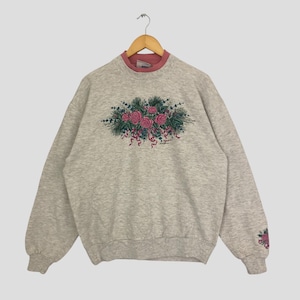 Vintage 90s Morning Sun Flowers Pink Roses Graphic Printed Sweatshirt Morning Sun Crewneck Sweater Pullover Morning Sun Floral White Size L