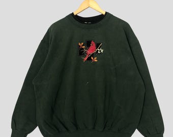 Vintage 90s Cardinal Bird Embroidery Sweatshirt, Green Crewneck (2XL)