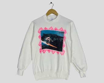 Vintage 80s Surfing Graphic Sweatshirt - Colorful Surfwear Pullover Size S