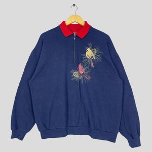 Vintage 90s Graphic 2 Birds Blue Sweatshirt Cardinal Bird Graphic Crewneck Cardinal Floral Birds Printed Pullover Jumper Size XL