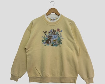 Vintage 90s Morning Sun Graphics Rabbits Big Image Sweatshirt Morning Sun Rabbits and Bird Habitat Crewneck Graphic Pullover Jumper Size L