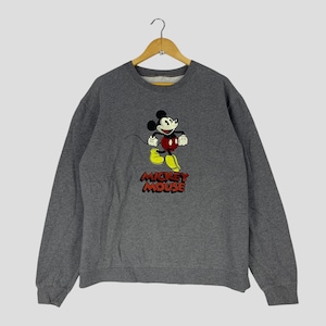 Vintage 90er Jahre Mickey Mouse Big Print Oversized Sweatshirt Minnie Maus Crewneck Disney Goofy Sweater Pullover Cartoon Mickey Grau Size XXL
