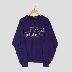 Vintage 90s Birds Fly And Bird Sitting On Love Cage Big Print Purple Sweatshirt Large Habitat  Crewneck Sweater Pullover Morning Sun Size L