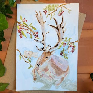 Carte con cervi e rovi, carte con animali selvatici, carte con acquerelli, design d'arte originale
