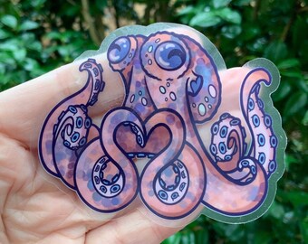 Octopus heart cute clear vinyl sticker! Transparent die cut 3 x 2.5 inch octopi lover gift stickers.