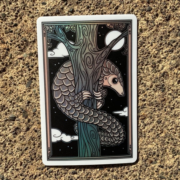 Pangolin in a tree under the moon - shiny 3.5 x 2.25 inch vinyl sticker