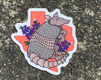 Sticker: Texas State Armadillo and Bluebonnet. Official United States state animals and flowers cute 3 inch vinyl sticker