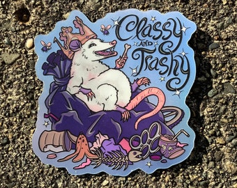 Possum Queen or King of the trash shiny sticker. Cute opossum princess or prince. Holographic vaporware effect 3.5 x 3.5 inch vinyl sticker