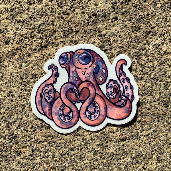 Octopus heart cute clear vinyl sticker! Transparent die cut 3 x 2.5 inch octopi lover gift stickers.