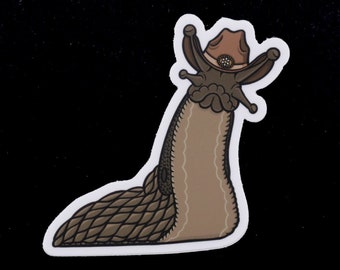 Cute cowboy slug vinyl sticker - the rootinest, tootinest little gastropod buckaroo in the west!