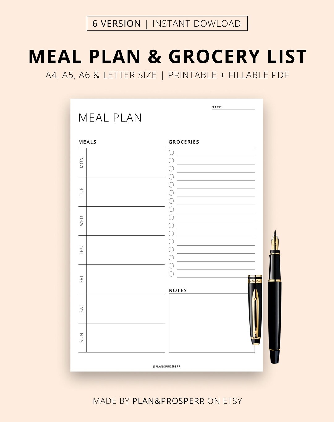 Printable Meal Plan and Grocery List | Weekly Planner PDF | A4, A5, A6 ...