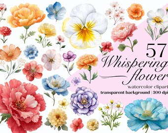 Paquete de imágenes prediseñadas de flores en acuarela – Flores estilo boho pastel en formato PNG (descarga digital)