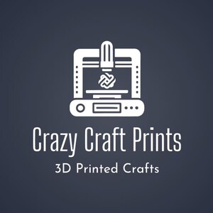 May include: White logo of a 3D printer with a printed object inside, above the text "Crazy Craft Prints" and "3D Printed Crafts" on a dark blue background.
