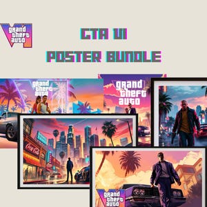 Paquete de pósteres digitales de GTA 6, diseño de arte de pared, póster con temática de GTA, impresión de arte de fan, regalo para jugadores de GTA, mercancía del juego Rockstar gta png