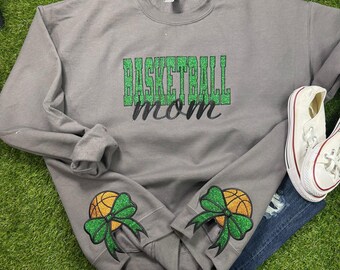 Basketball Mom Glitter Embroidered Sweatshirt with Basketball Bows