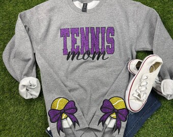 Tennis Mom Glitter Embroidered Sweatshirt with Side Bows