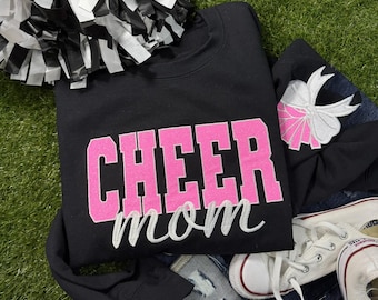 Cheer Mom Glitter Embroidered Sweatshirt with Glitter Embroidered Pom Pom Bows