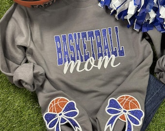 Basketball Mom Glitter Embroidered Sweatshirt with Glitter Embroidered Bows