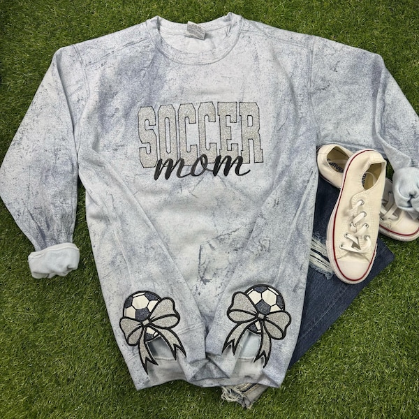Soccer Mom Glitter Embroidered Sweatshirt with Side Bows