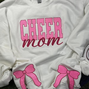 Cheer Mom Glitter Embroidered Sweatshirt with Side Bows Glow in the Dark