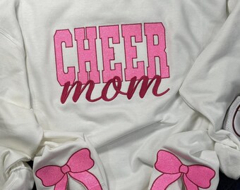 Cheer Mom Glitter Embroidered Sweatshirt with Side Bows Glow in the Dark