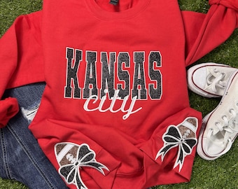 Kansas City Glitter Embroidered Sweatshirt with Glitter Football Bows