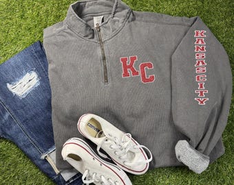 Kansas City Red Glitter Embroidered Comfort Color Quarter Zip