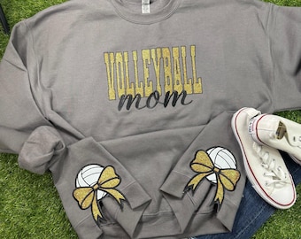 Volleyball Mom Glitter Embroidered Sweatshirt with Side Bows