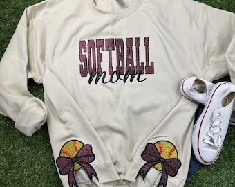 Softball Mom Glitter Embroidered Sweatshirt with Side Bows