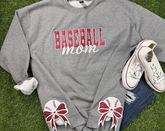 Baseball Mom Glitter Embroidered Sweatshirt with Side Bows