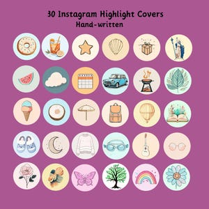 30 Hand-Drawn Instagram Highlight Covers | Aesthetic Story Icons for Lifestyle, Travel, Food & More | Pastel Boho Social Media Icons