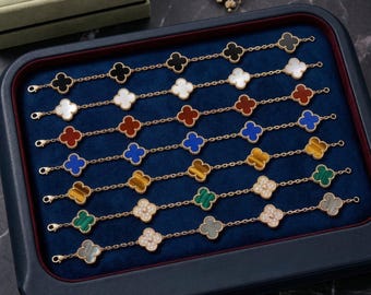 Pulsera de cinco tréboles, pulsera de 5 tréboles de cuatro hojas de plata bañada en oro de 18k, trébol de 15 mm