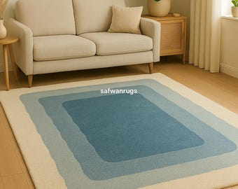 Handmade Tufted Wool Rug | Modern Geometric Blue Ivory Carpet