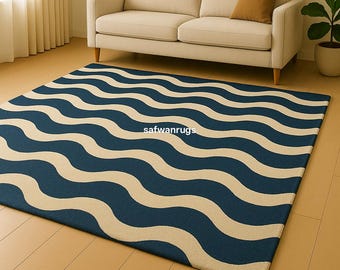 Handmade Navy Blue Wave Wool Rug, Modern Tufted Carpet