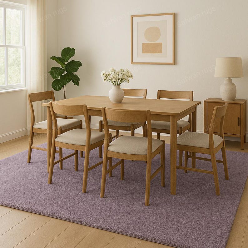 May include: A dining room set with a light wood table and six matching chairs with beige cushions. A purple rug covers the floor. A white vase with flowers sits on the table. A framed artwork and a lamp are on the wall.