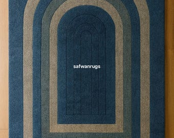 Handmade Wool Tufted Area Rug, Modern Arch Design, Blue and Grey