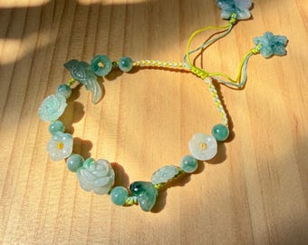 Hand-Braided Jadeite Bracelet with Adjustable Cord - Early Summer Garden — Rose, Osmanthus & Bird