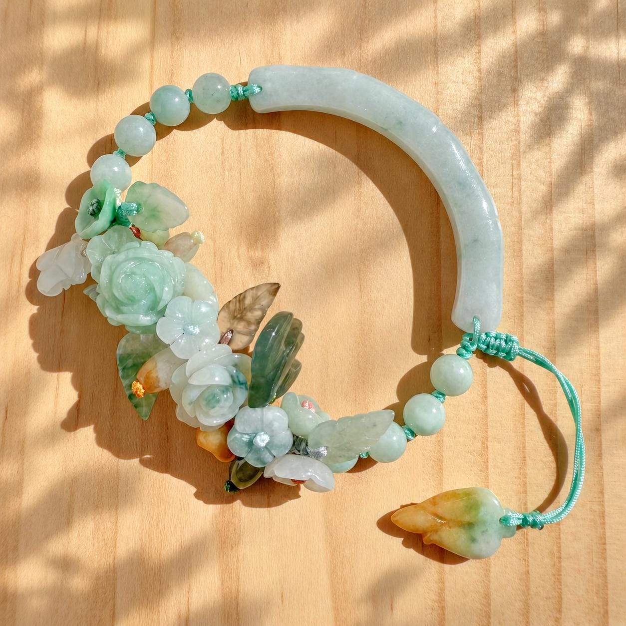 Hand-braided Jadeite Flower Bracelet With Adjustable Cord - Spring