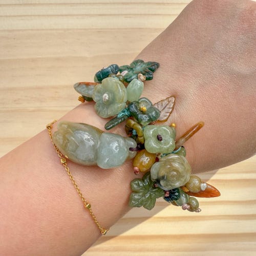 Bracciale Donna In Giada Di Bambù Fatto A Mano – Coniglio Portafortuna – Regolabile 16+4 Cm