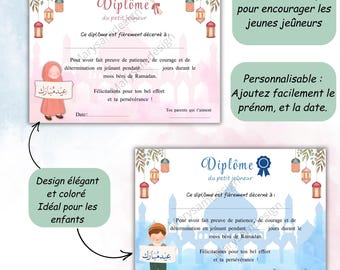 Diplôme du Petit Jeûneur,Certificat Ramadan à Imprimer,Cadeau pour Enfant Musulman,PDF Personnalisable,cadeau musulman, cadeau enfant, aïd