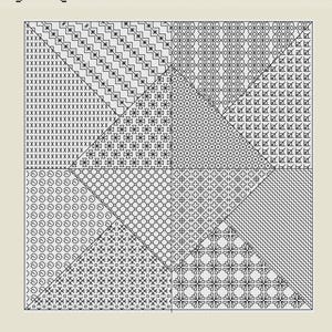 Könnte beinhalten: Ein schwarz-weißes Kreuzstichmuster mit verschiedenen geometrischen Designs. Der Titel "Stitch Beetle" und "A Blackwork Square" sind unter dem Muster gedruckt.