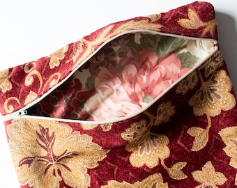 Borsa per progetti a punto croce con tessuto rosso e oro vintage, borse a punto croce, borsa per progetti riciclata