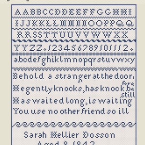 May include: Cross-stitch sampler with a red and black beetle illustration and the words "Stitch Beetle." The sampler includes the alphabet, numbers, and a poem. The text reads "Sarah Hellier Dosson Aged 8 1842."