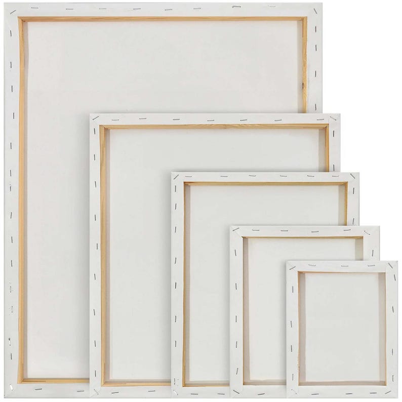 May include: Set of four wooden canvas frames in various sizes. The frames are made of natural wood and have a white canvas stretched over them. The frames are perfect for painting, drawing, or crafting.