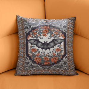 Bat Floral Cushion Cover, Gothic Vintage Pillow Case, Dark Nature, Antique Ornate Bat, Pillow Cover Gothic, Spooky, Floral Bat Pillow Case