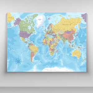 Carte du monde en toile, grande oeuvre d'art murale, carte de voyage, décoration éducative, oeuvre d'art pour bureau, impression géographique, décoration d'intérieur, carte de la Terre en toile, affiche pour la classe