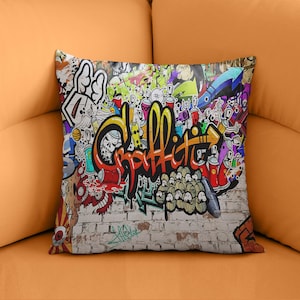 Graffiti Art Pillow Cover, Street Art, Urban Decor, Modern Colorful Graffiti Pillow, Creative Design, Urban Vibes, Spray Paint, Pop Culture